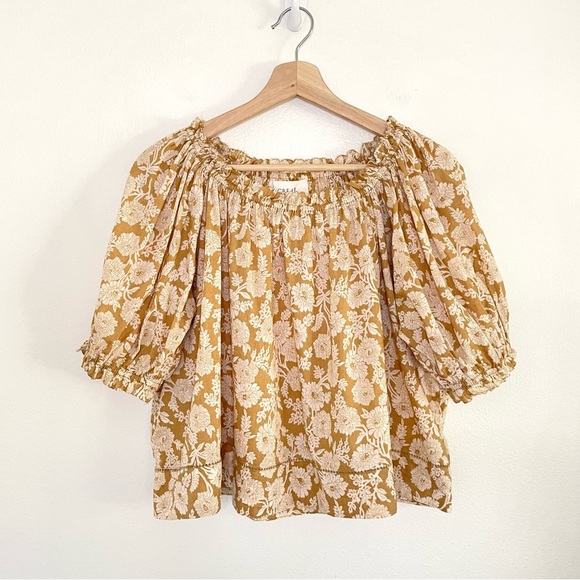 The GREAT. The Garland Top Puff Sleeve Boho Blouse Oat Wild Brush Floral 0 XS - Picture 6 of 16